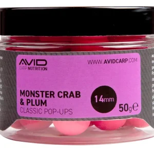 Velmi žádaný produkt - Avid Plovoucí boilie Classic Pop-Ups Monster Crab & Plum 14mm 50g